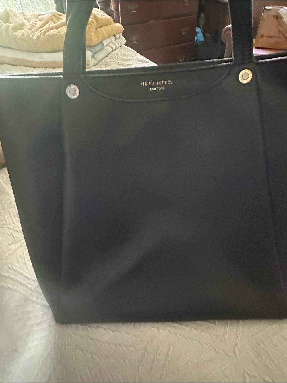Henri Bendel Structured Black Leather Tote with Gold-Tone Accents